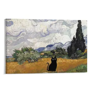 Vintage Funny Black Cat Posters Cute Cat Green Grass Canvas Poster Bedroom Decor Sports Landscape Office Room Decor Gift Frames Ornaments Wall Artistic