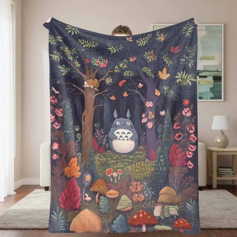 Totoro Flannel Blanket， Enchanted Forest Print Pattern， Super Soft， Warm and Cozy， Lightweight Feature， Perfect for Sofa， Bed， Travel， Camping， and as a Thoughtful Gift for Nature and Animation Lovers.