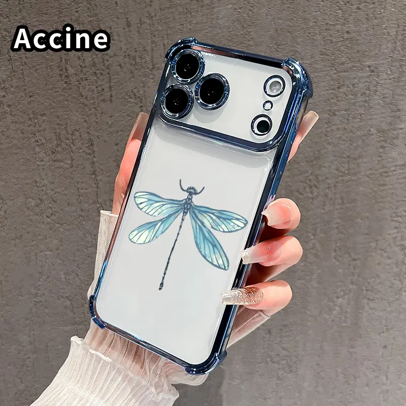 Phone Case for iPhone 17 16 Pro Max 15 Plus 14 13 12 11 E Air Azure - winged dragonfly Four Corners Air Cushion Pattern Anti-drop Cell Electroplated Transparent Silicone Cover