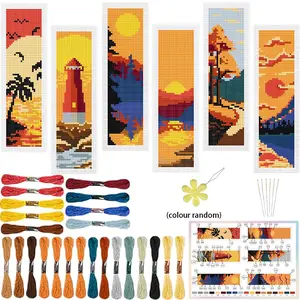 6-piece DIY handmade set of cross stitch bookmarks with embroidery thread and sunset scenery theme - unique open impressionist style fabric bookmark - suitable for adult beginners and sewing enthusiasts - a wonderful gift for friends, and teachers