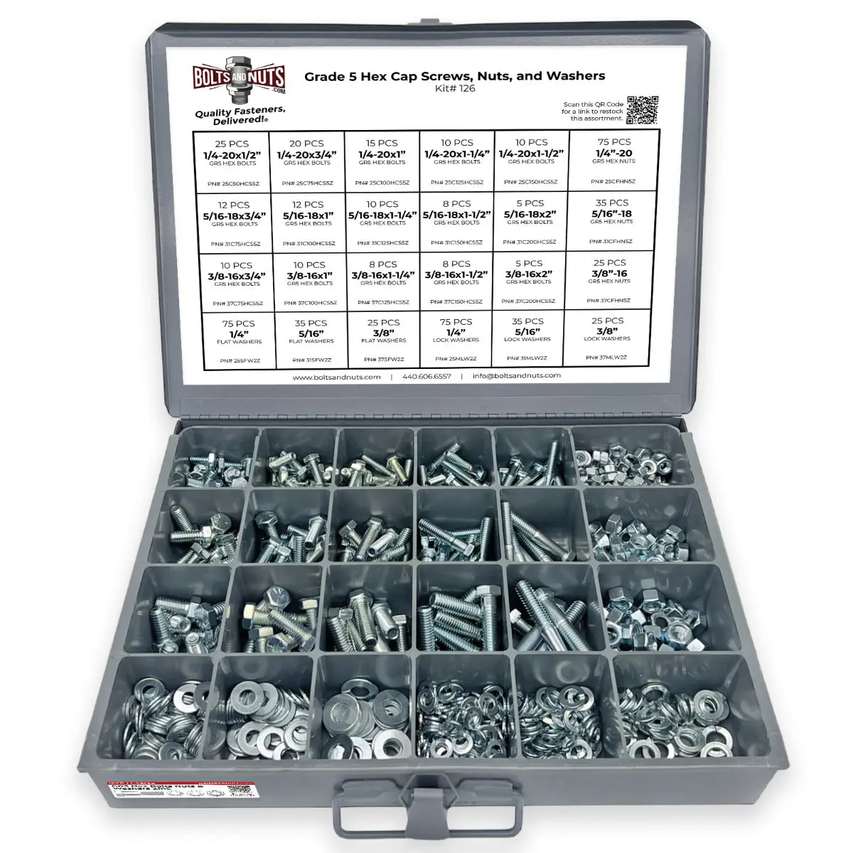 Inch Grade 5 Hex Cap Screws, Hex Nuts, Flat & Lock Washers - 574 PCS Inch Grade 5 Hex Cap Screws, Hex Nuts, Flat & Lock Washers - 574 PCS