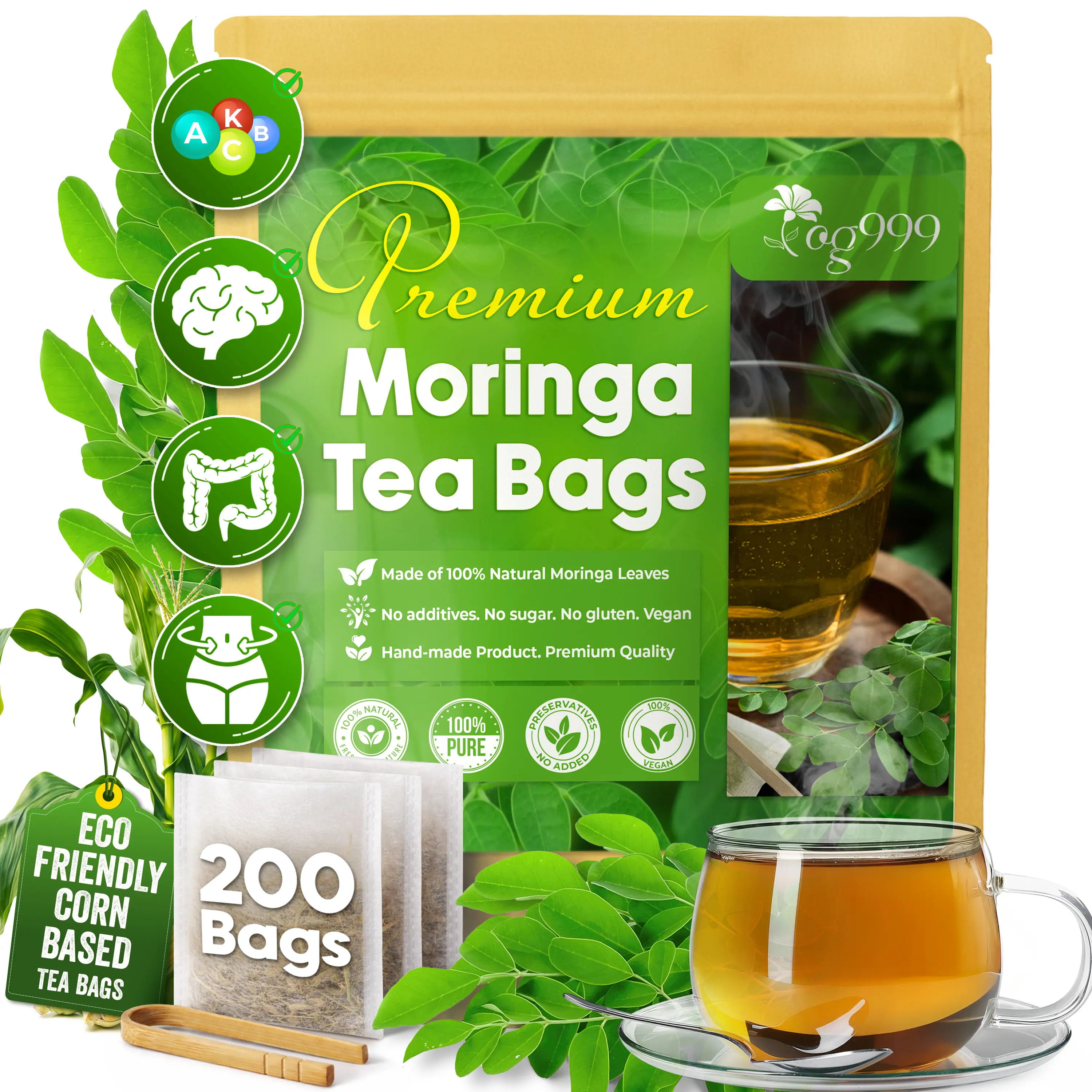 Premium 200 Moringa Leaf Tea Bags, 100% Natural & Pure from Moringa Leaves. Loose Leaf Moringa Herbal Tea. Moringa Leaf Tea. No Sugar, No Caffeine, No Gluten, Vegan.