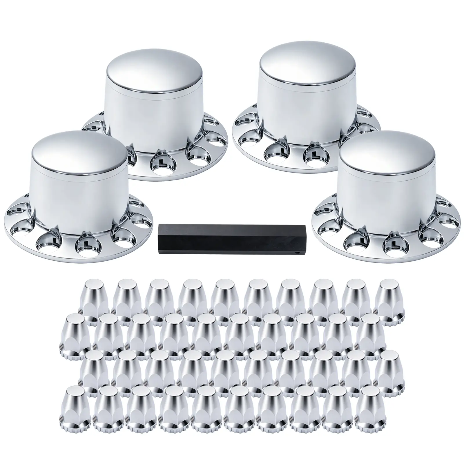 Chrome ABS Complete Axle Cover Set for Semi Trucks - Auto Parts Accessories, Including Standard Hub Caps, 33mm Screw-On Lug Nut Covers, 4 Rear Wheel Components