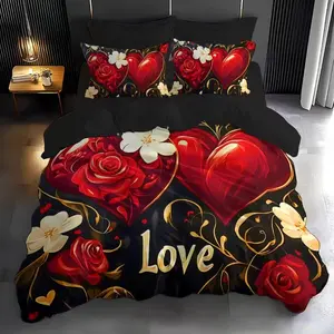 3-piece bedding set, Comfy bedding set, Breathable duvet set, Soft bedding set, with printed duvet cover featuring a red rose and heart design, all-polyester (excluding filling), suitable for bedrooms, hotels, and Valentine's Day