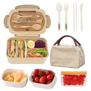 Lunch Box Set, 6 Counts/set Including 3 Grid Bento Box, Insulated Bag, Snack Bag, Knife,  Chopsticks， Spoon & Fork, Lunch Container Set for Adults