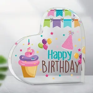 Heart Shaped Acrylic Ornament, Unicorn Cake & Balloon Blessing Pattern Birthday Gift, Table Center Decoration, Gift for Sisters, Birthday Gift, Signs