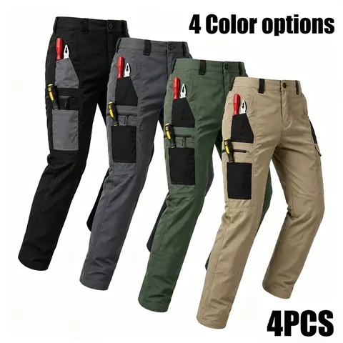 Men's 4-Pack Plain Cargo Pants - Mid Waist, Polyester Durable Fabric, Multiple Pockets, Rugged Outdoor Mechanic Work Pants, Casual Men's Clothing (No Belt)