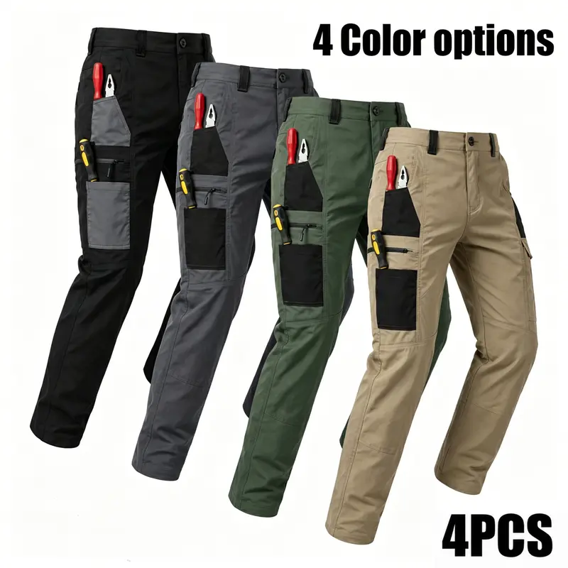 Men's 4-Pack Plain Cargo Pants - Mid Waist, Polyester Durable Fabric, Multiple Pockets, Rugged Outdoor Mechanic Work Pants, Casual Men's Clothing (No Belt)