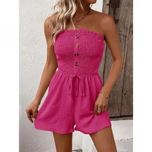 2026 Women'S Plain Frill Trim Shirred Ruched Tie Front Bandeau Romper, Boho Sleeveless Strapless High Waist Jumpsuit For Summer, Summer Outfits 2026, Fashion Casual Women'S Clothing For Daily Wear, Casual Comfy Jumpsuit