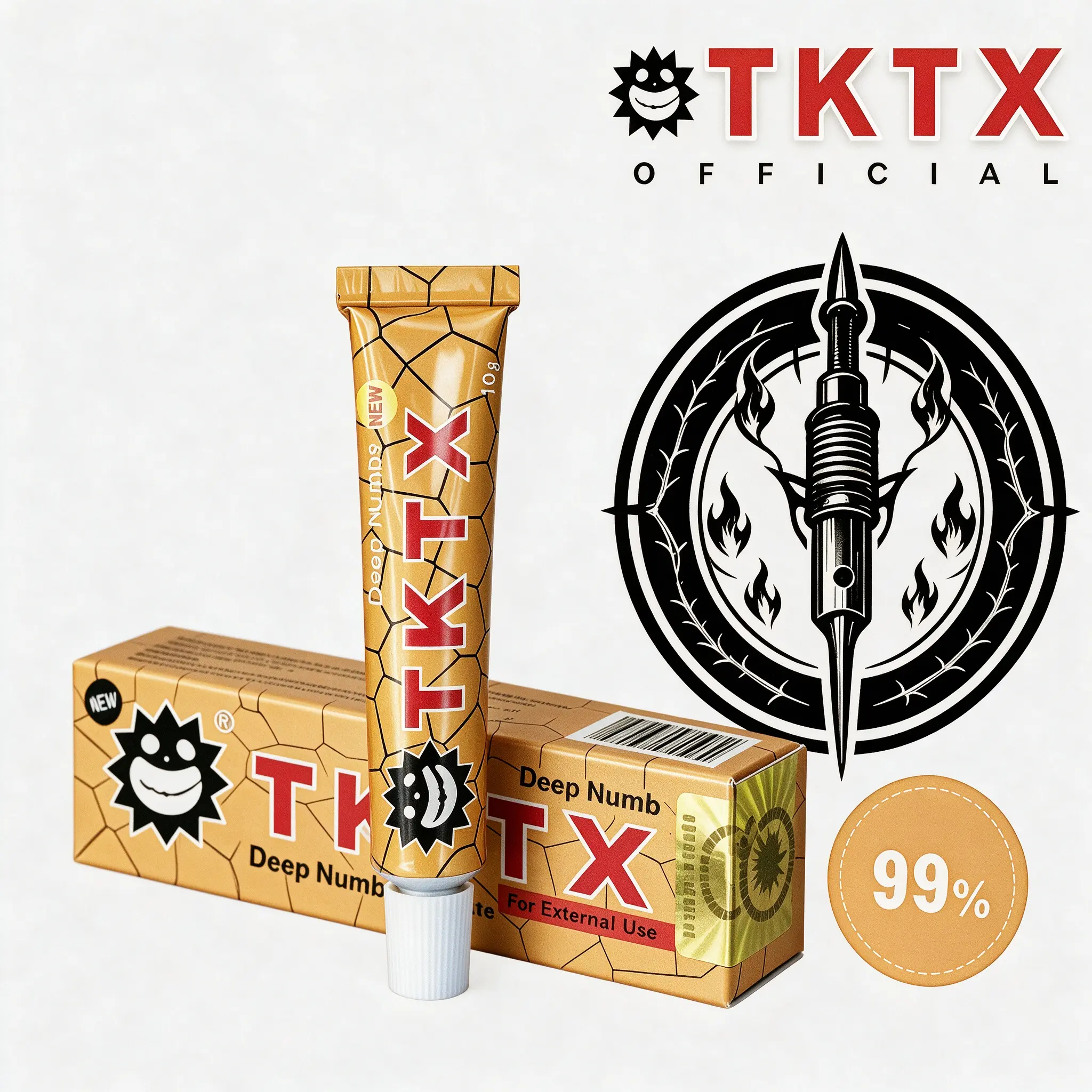TKTX Gold 99% Maximum Strength Tattoo Numbing Cream - 6-8 Hours Long Lasting Painless Topical Anesthetic, Professional Tattoo Session Aid for Tattoos, Piercing, Waxing, Microblading | Premium Tattoo Care Upgraded Formula Numbness