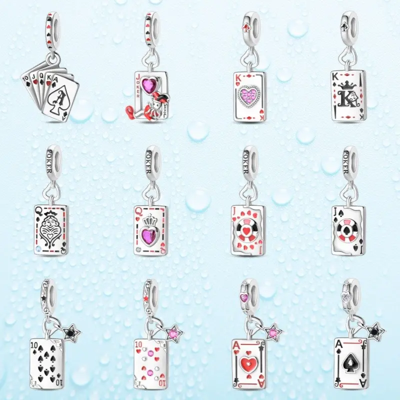 S925 Dainty Card Suit Charms & Pendants, Hypoallergenic Beads for DIY Jewelry Necklaces, Valentine's Day Gift for Women, Valentines Day, Gift-Ready, Anniversary