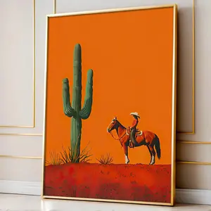 Vibrant Desert Cactus and Horseback Scene Canvas Art - Frameless Colorful Folk Art Print for Living Room, Bedroom, Home Office Decor, Minimalist Western Style Wall Hanging