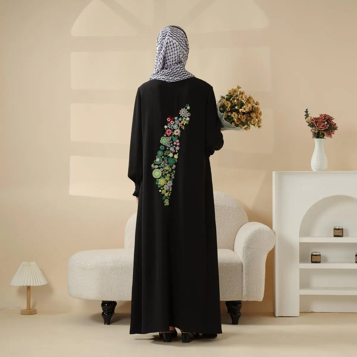 Women's Classic Abaya Maxi Dress with Floral Palestinian Embroidery - Loose Long Sleeve Pullover with Ruffled Cuffs and 120° Flowing Hemline, Breathable, All Seasons, Elegant, Hidden Zippers, Modest Islamic Abaya, Ruffle Sleeve Abaya
