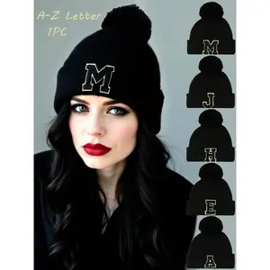 Fashionable Solid Color Knit Hat, Autumn Winter Warm Letter Pattern, Fitted Head Wrap Cap, Outdoor and Daily Wear, Customizable Clothing Accessory