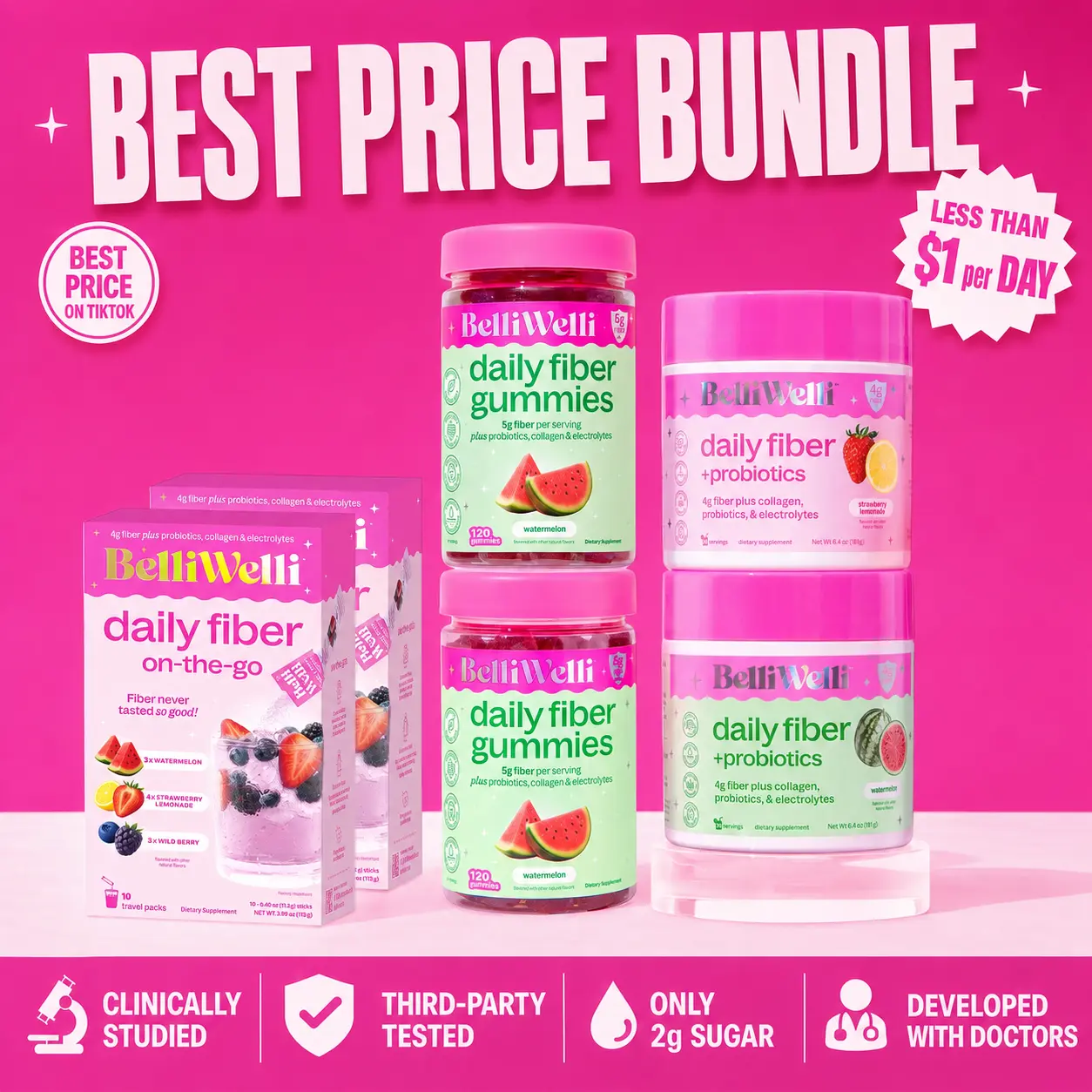 BelliWelli BEST VALUE Bundle -  Daily Fiber Gummies & Powder, 4-Month Supply, Supports Digestion & Regularity, 20 Stick Packs, 2 Gummies, 2 Fiber Tubs