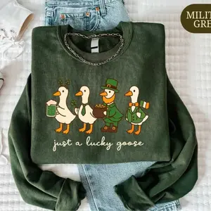 Just A Lucky Goose Sweatshirt, St Patrick's Day Goose Sweatshirt, Irish Goose On The Loose Sweater, Lucky Shamrock Shirt, Four Leaf Clover Tee