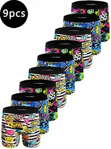 Men's 9-Pack Graffiti Print Boxer Briefs, Long Comfortable Fit, Soft Breathable Fabric, Elegant All-Season Underwear, Durable Design, Perfect Gift