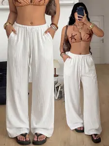 Women's Summer Boho Pants, Drawstring Waist, Casual Fitted, Long Regular, Beach Vacation, Party, Travel, Fashionable