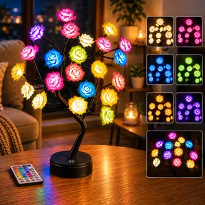 Rose Flower Tree Lamp, Dimmable Multi-Color RGB LED Night Light with Remote and Timer, USB or Battery Powered for Room Decor