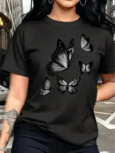 Butterfly Print Tee - Summer Casual Shirt, Flying Insect Aesthetic Top, Spring Garden Daily Wear,Regular length T-shirt suitable for both men and women, suitable for all seasons, for sports and casual wear.