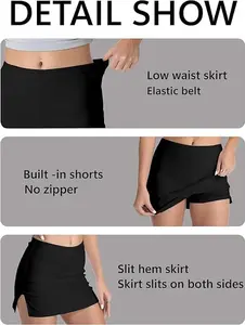 Summer Cooling Women's Athletic Skorts, Mid-Low Waist Stretch Mini Skirt with Built-In Shorts & Side Slits, Black