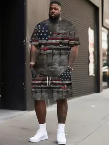 Men's Plus Size Vintage Star Print T-Shirt Shorts Set, Polyester Fabric, Summer Sports, Party Travel Gift, Loose Fit, Menswear