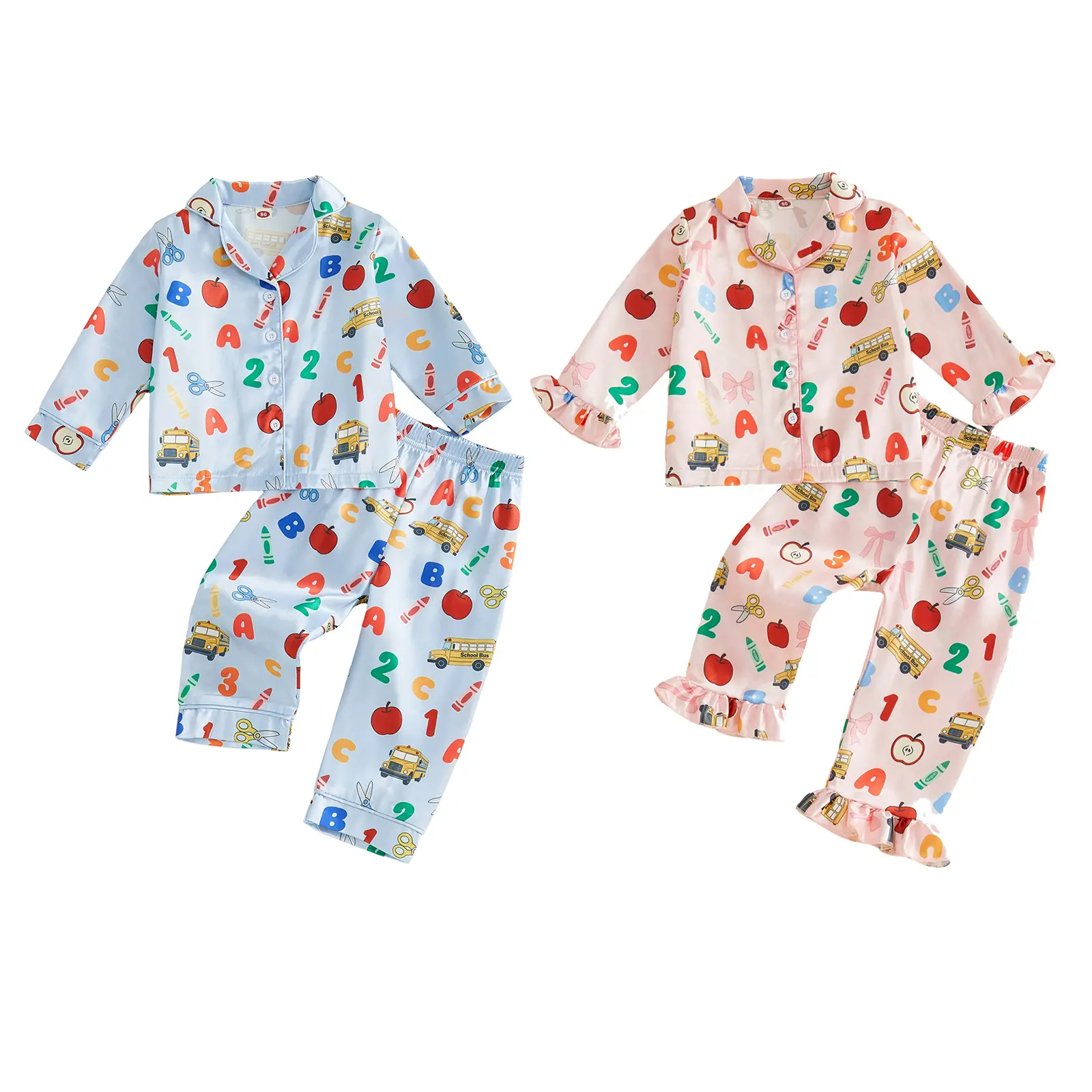 Kids Boys Girls Back to School Pajamas Set Apple Number Pencil Print Long Sleeve Tops Elastic Waist Pants 2 Pieces Satin Sleepwear