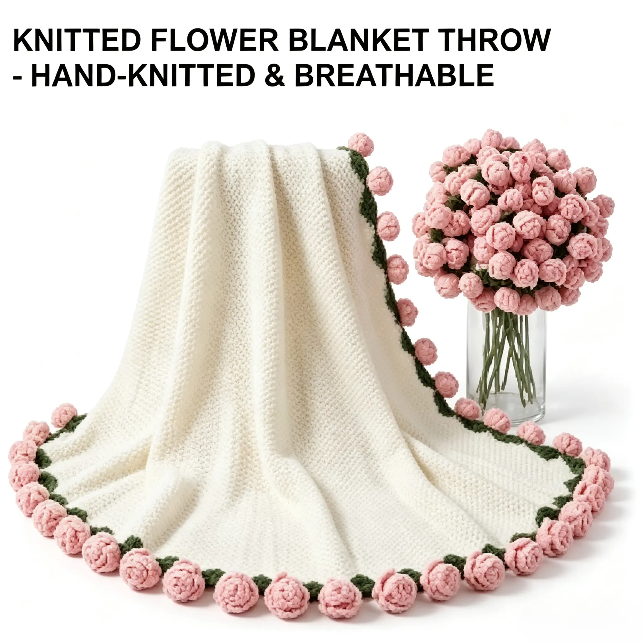 Bouquet Blanket 3D Rose Flower Blanket, Ultra-Soft & Breathable Throw Blanket, Handmade Romantic Gift for Birthday, Wedding, Home Decor for Bed, Couch, (Large)