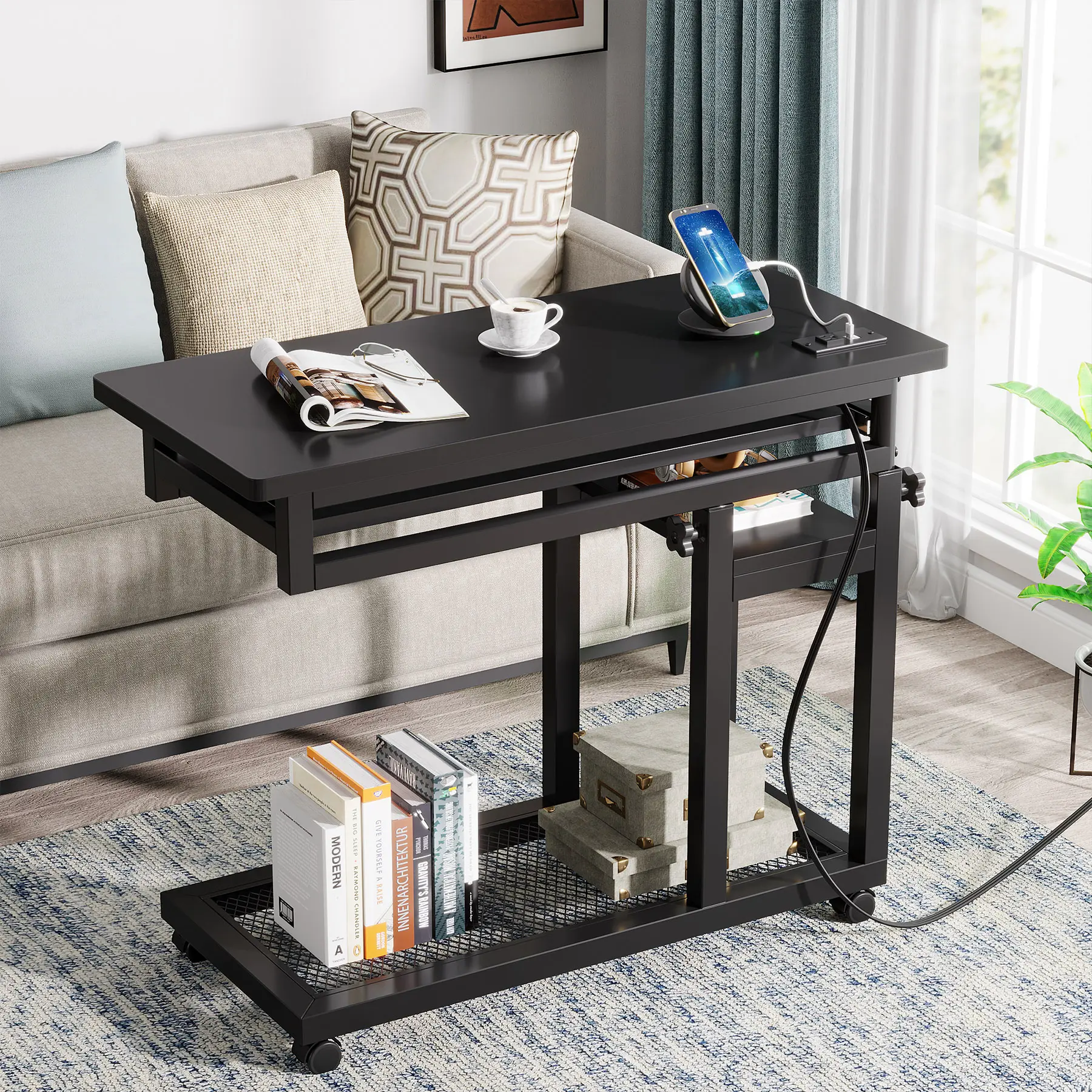 LITTLE TREE Small Portable Desk with Power Outlet, Height Adjustable Sofa Couch Bedside Laptop Table with Wheels, Mobile Standing Desk Rolling Computer Cart C Side Table with USB Ports