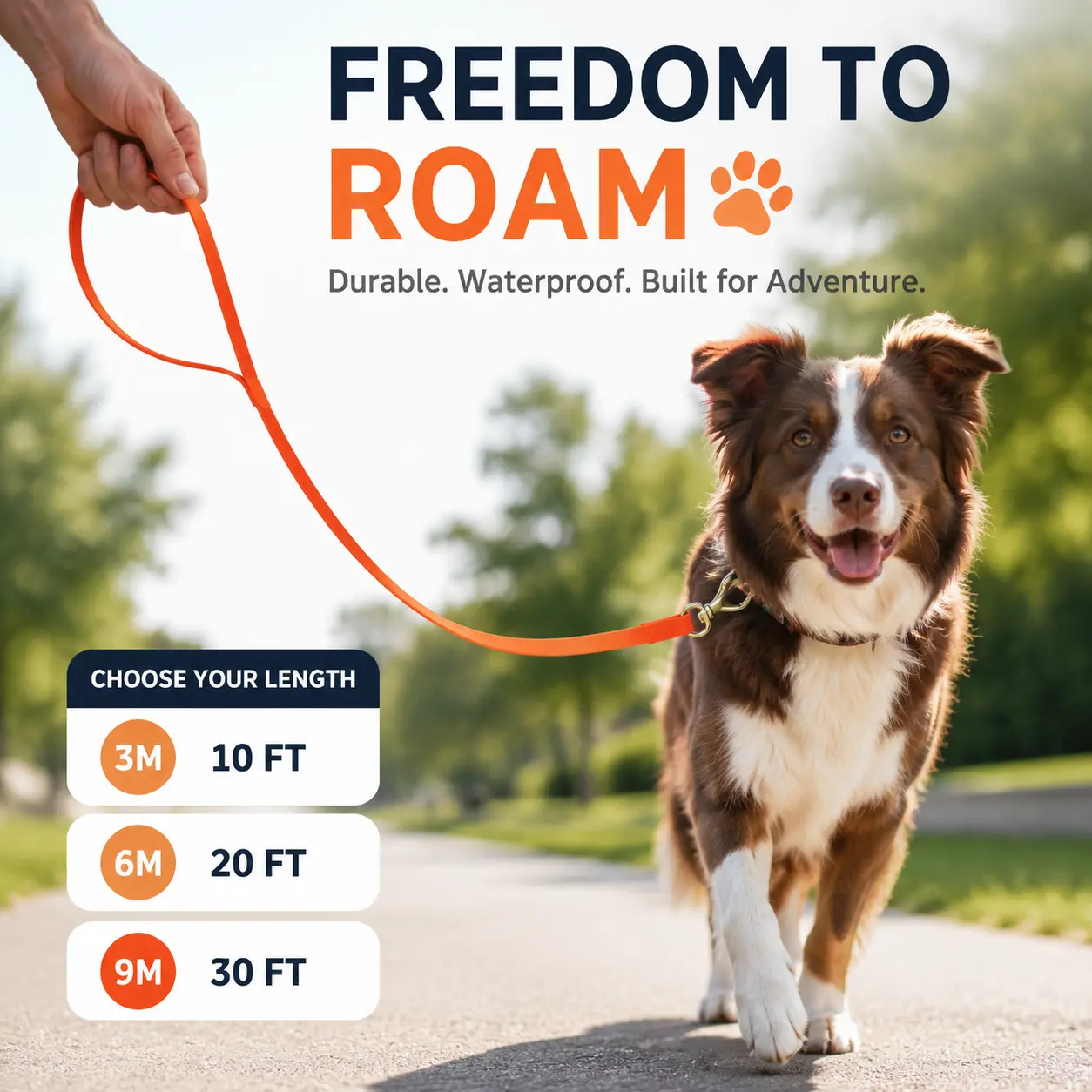 Waterproof Long Dog Leash 10ft 20ft 30ft, Odor-Proof Heavy Duty Long Line Dog Leash for Recall Training, Hiking, Beach & Outdoor Play, Dirt-Proof Easy Clean Lead for Small Medium Large Dogs
