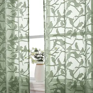 Sage Green Sheer Curtains 63 Inch Length 2 Panel Set, Light Filtering Bedroom Curtains with Dual Rod Pocket Top, Leaf Bird Clip Jacquard Sheer Farmhouse Window Drapes for Living Room, 2x38Wx63L