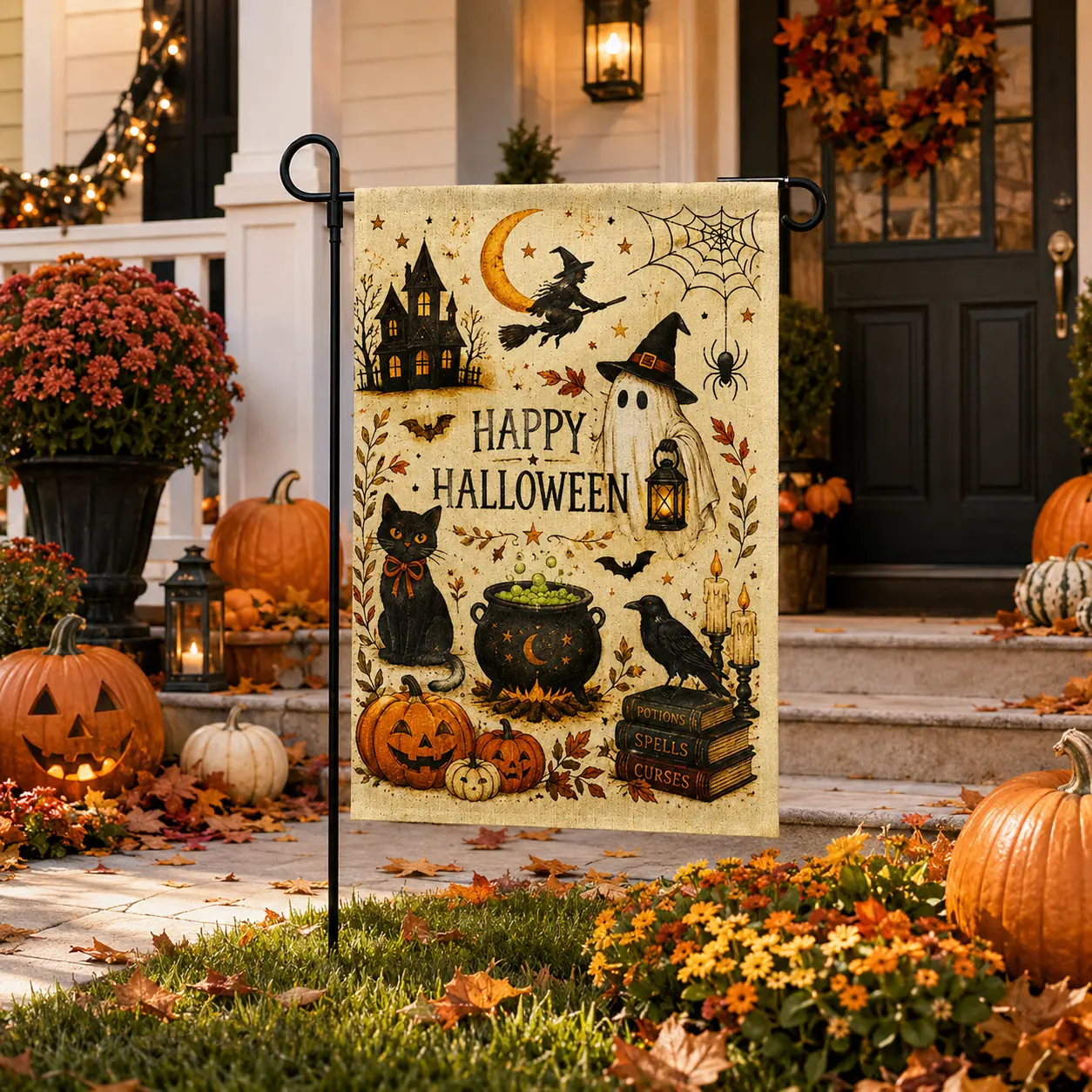 Vintage Halloween Fabric Textile Garden Flag - Distressed Print Ghost, Witch, Black Cat, Pumpkin Design - Halloween Fun Yard/Porch, Porch/Lawn Outdoor Fall Decor