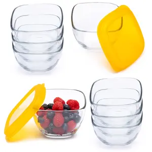 Libbey Serve It 16 Piece 2 Cup Glass Storage Bowl Container Set with Yellow Plastic Lids