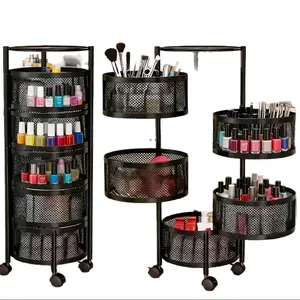 Rotatable Multi-Layer Metal Storage Rack Floor Standing Tiered Shelf for Makeup Organization No Assembly Required Ideal for Bathroom and Vanity Use