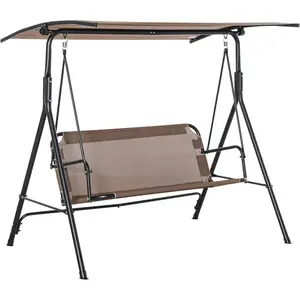 Patio Swing Chair with Canopy, Seats 2 Adults Loveseat Bench with Adjustable Tilt Canopy, Armrests, A-Frame Steel, Breathable Mesh for Backyard, Garden, Brown