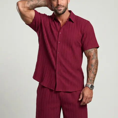 KZZ Men's 2-Piece Minimalist Classic Menswear Set - Regular Fit, Plain, Soft, Comfy, Textured Breathable Fabric, Crew Neck Button Shirt & Drawstring Waist Shorts, Sports-Casual Summer Outfits for Beach Vacation