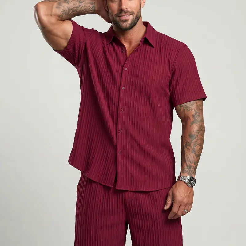KZZ Men's 2-Piece Minimalist Classic Menswear Set - Regular Fit, Plain, Soft, Comfy, Textured Breathable Fabric, Crew Neck Button Shirt & Drawstring Waist Shorts, Sports-Casual Summer Outfits for Beach Vacation