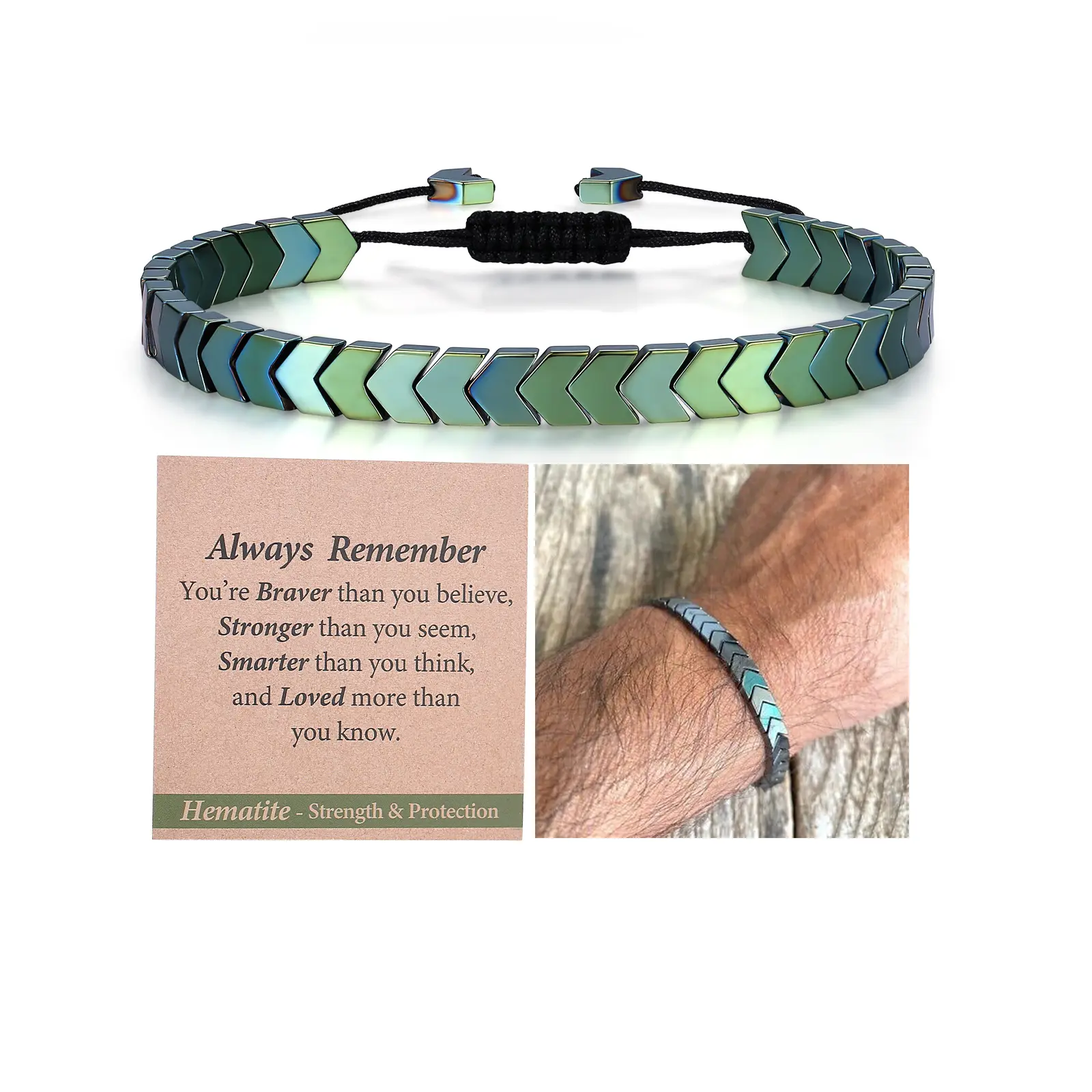 THEMEROL Men's Hematite Arrow Bracelet - Adjustable, Handmade, Solid Craftsmanship, Includes Meaning Card, Inspirational, Strengthens Connection with Earth - 18th Birthday, Christmas Stocking Stuffer - Holiday Deals
