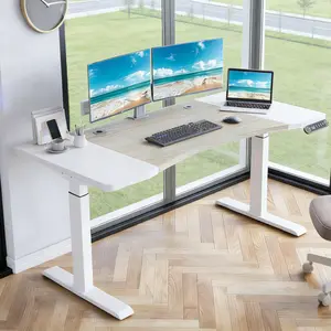 ARCH 63"*30" Dual Motor Curve Design Height Adjustable Electric Standing Desk Height Stand Up Computer Desk,Sit and Stand Home Office Desk with Splice Board (white&oak desktop+dual motor white frame)