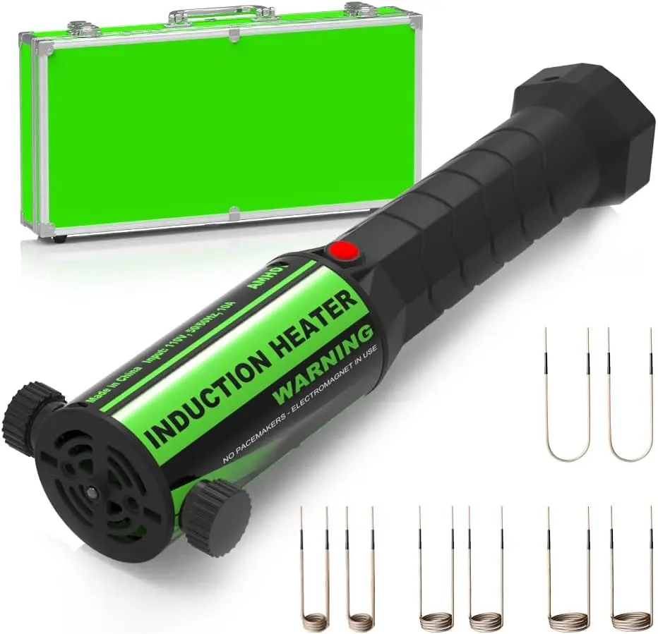 Magnetic Induction Heater for Automotive Use - 1300W 110V Portable No-Flame Tool with 8 Flexible Coils, 1.8m US-Standard Plug, 1.8kg Weight, Comfortable Grip for DIY Enthusiasts to Heat & Remove Rusty Engine Bolts in Home Garage, Green