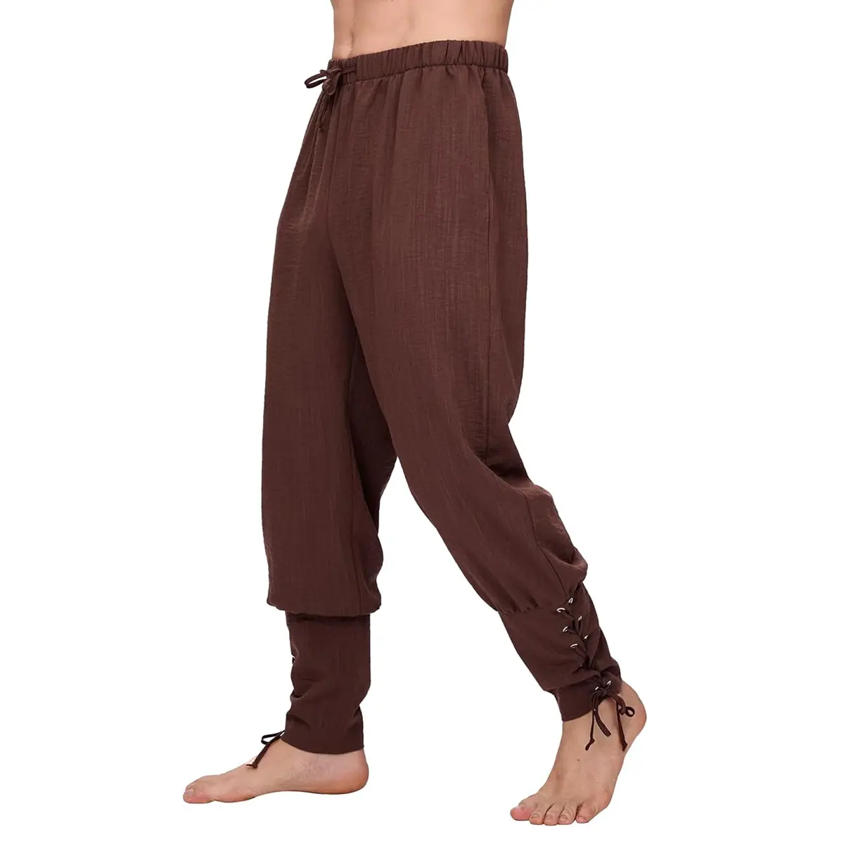 Men Medieval Renaissance Pirate Pants, Vintage Lace Up Ankle Banded Trousers, Viking Linen Drawstring Cosplay Costume Pants for Halloween Menswear Breathable Classic Clothes Elastic Outfit Textured Fabric