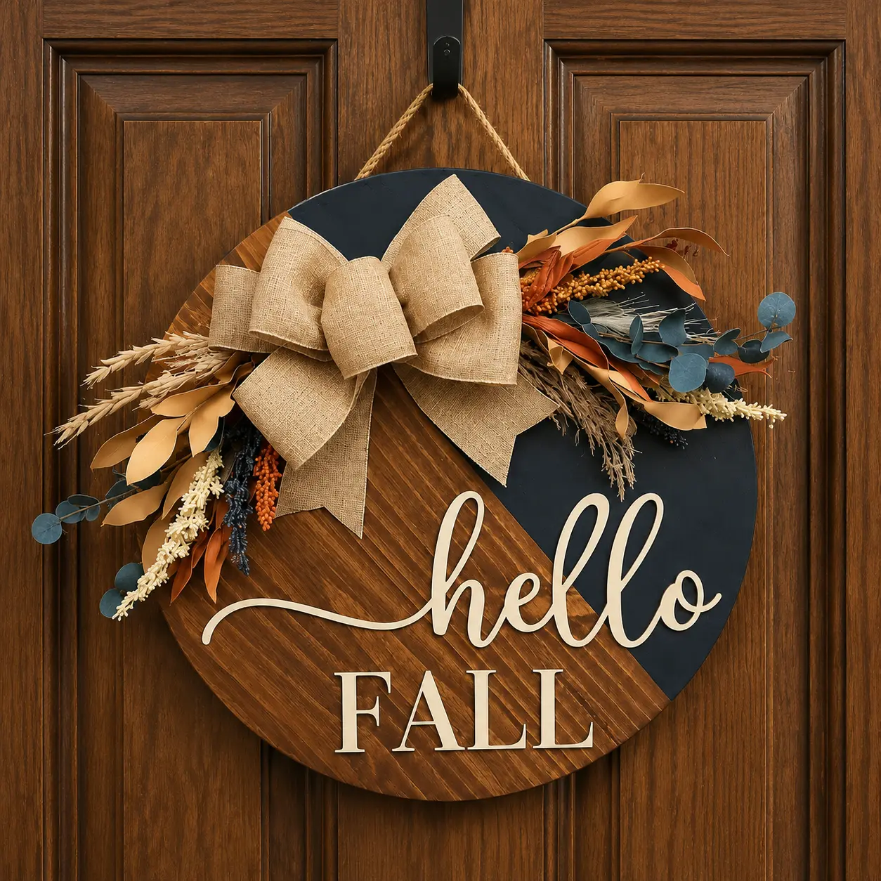 Hello Fall Wooden Door Hanger, Rustic Farmhouse Front Door Decor , Round Fall Welcome Sign for Porch, Seasonal Home Decoration