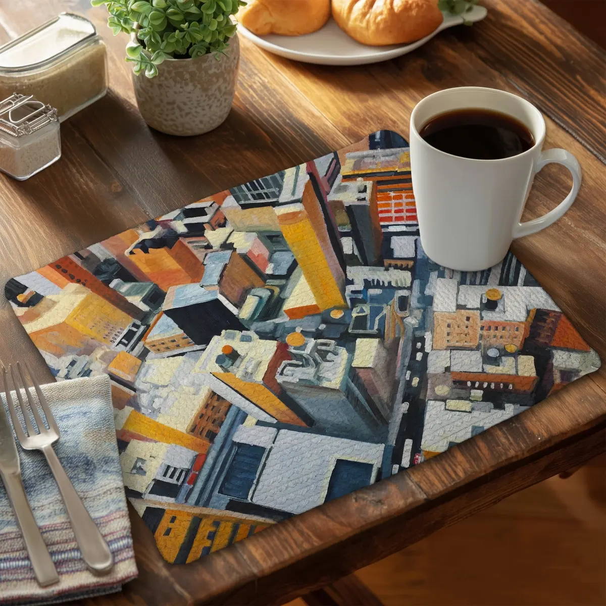 360 Stand Stylish Rectangular Polyester Tableware Placemat, 14x18 in, Industrial Orange City Print - York Building View Kitchen Decor, Coasters Home Decor, Cityscape, Urban Style, Home Decor Lovers