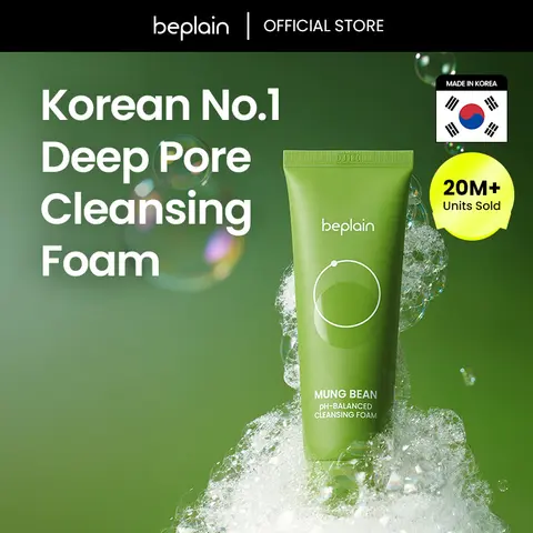 beplain Mung Bean pH-Balanced Cleansing Foam 160mL - Plant-Based Facial Cleansing Wash, Unscented Deep Clean Formula, Gentle Non-Stripping Cleanser to Hydrate and Lock in Moisture for Sensitive Skin