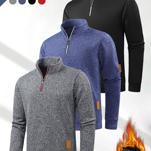 Men's 3-Piece Slim Fit Fashion Quarter-Zip Stand Collar Polyester Fleece-Lined Sweatshirt Set - Athletic Long-Sleeve Warming Male Pullover for Daily Leisure & Sports