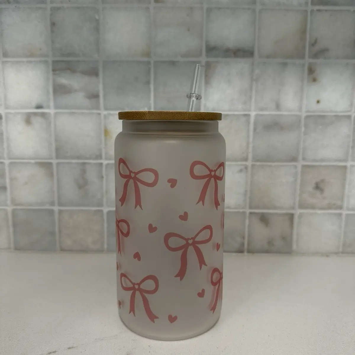 Pink bows glass cup with lid and straw| coquette Glass cup | Aesthetic glass cup|  Drinkware
