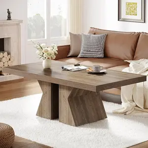 Tribesigns Wood Coffee Table, 47-Inch Rectangular Center Table with Thick Wooden Base, Farmhouse Wood-Look Cocktail Table for Living Room (Brown)