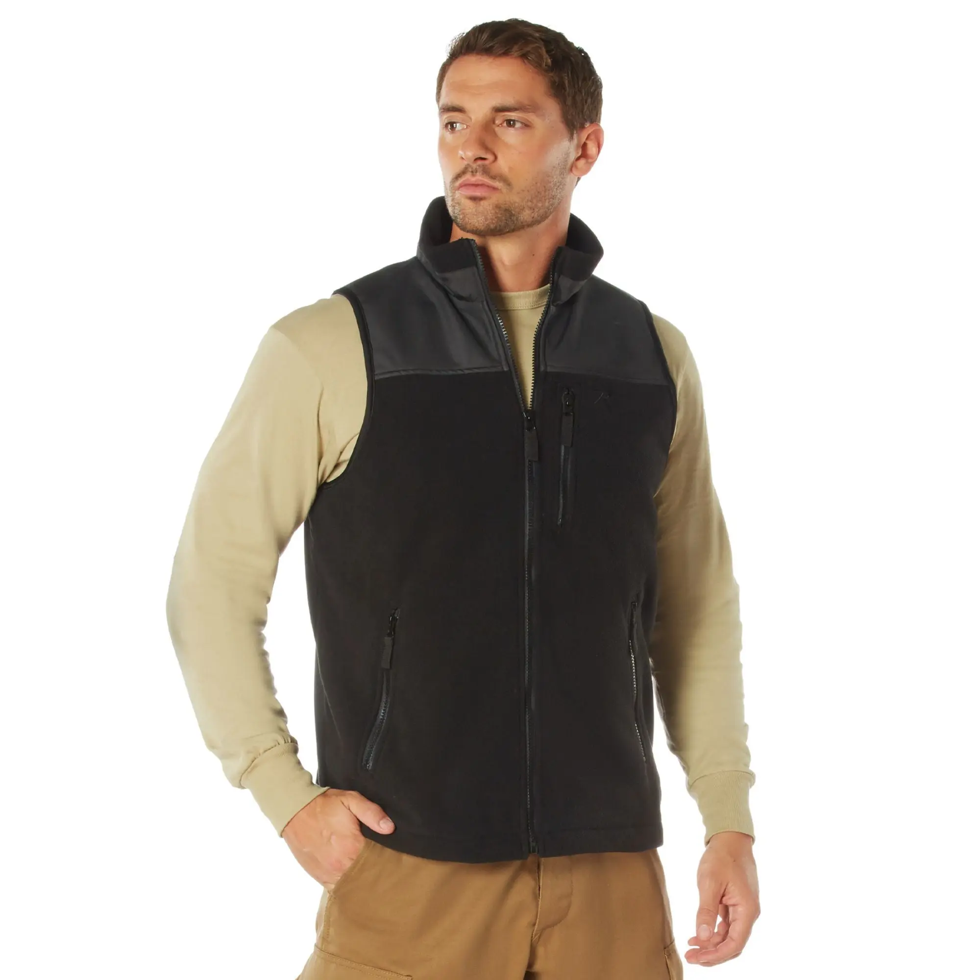 Men's Tactical Fleece Vest, Sleeveless Outdoor Full-Zip Thermal Layering Top with Zipper Pockets, Tops, Polyester, Menswear, Utility, Military, Collared