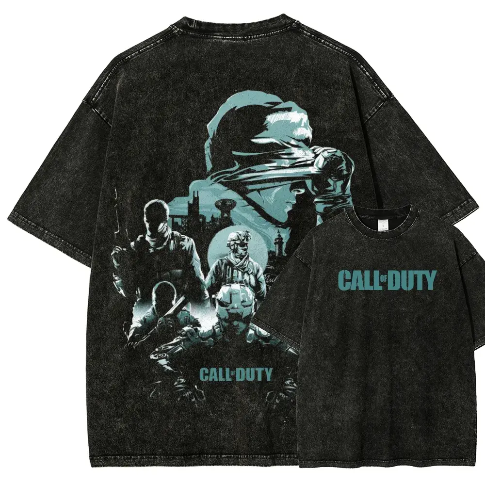 Call of Duty Tactical Squad Graphic Washed T Shirt, Modern Warfare Inspired Black Oversized Vintage Tee with Special Forces Team Artwork, Distressed Cotton Streetwear Shirt for COD Fans, FPS Gamers, Military Style Lovers, Outdoor Activities and Daily Wear
