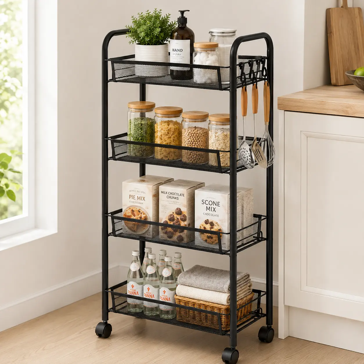 Rolling Utility Cart, Slim Storage Cart, 4-Tier Narrow Rolling Cart with 360° Wheels, Metal Storage Organizer Rack for Kitchen, Bathroom, Laundry Room & Small Spaces, Mobile Utility Shelf, Space-Saving Home Organization, Storage Rack Organizer Shelf